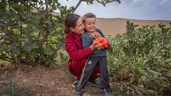 Evin, 23, erntet mit ihrem kleinen Sohn selbst angebaute Tomaten im Irak