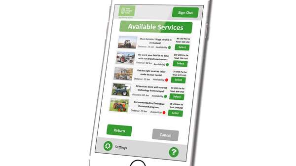 Übersicht verfügbarer Traktoren: Entwurf der App AgriShare.