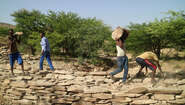 Men carrying rocks and building a dam