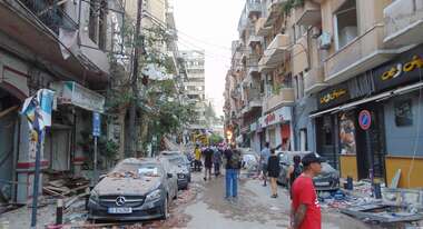 A destroyed road after the explosion at the harbour.