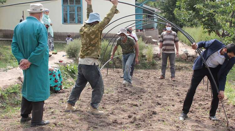 Fünf Männer bauen zusammen ein Gewächshaus, Tadschikistan 2021.