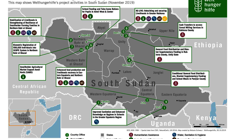 This map shows the various projects of Welthungerhilfe in South Sudan.