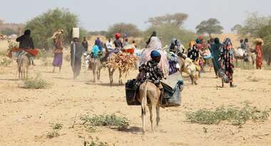 Sudanese refugees who have fled the violence in the Darfur region seek temporary refuge in Goungour, Chad