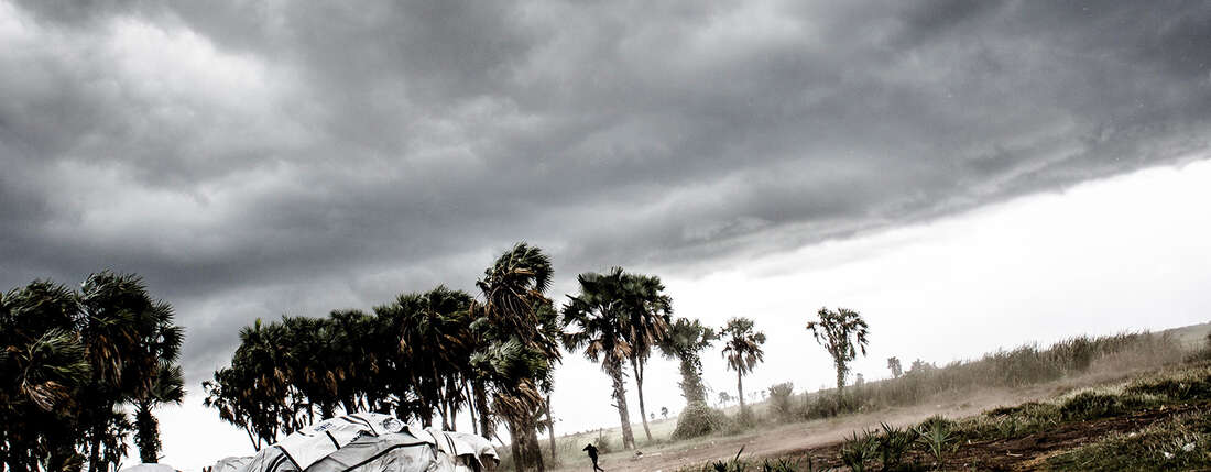 Dunkle Wolken am Himmel, neben aus Holz und Planen gebaute Häuser stehen Palmen, die sich im Wind beugen.
