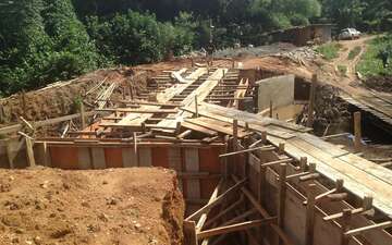 Aerial view of a large bridge construction site in Liberia