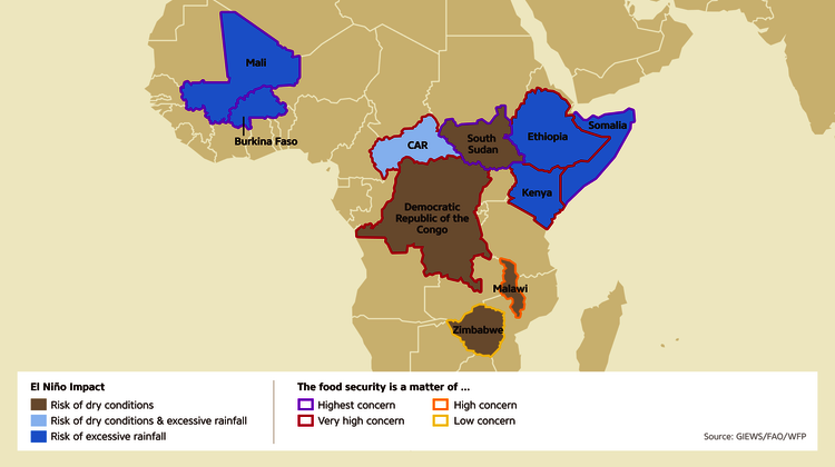 Map: El Niño threatens some African countries with heavy rain or drought