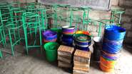 Handwashing stands, buckets and other equipment in a school in the DR Congo
