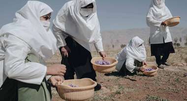 Mehrere Frauen stehen auf einem Feld.