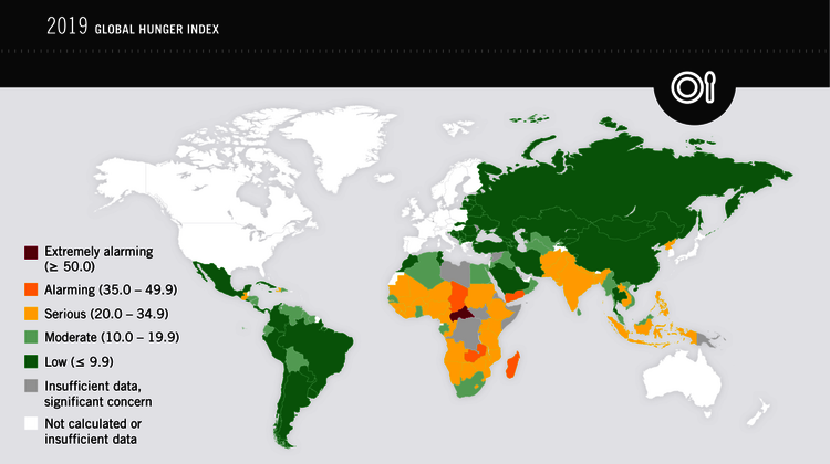 Global hunger index 2019: this map highlights the GHI scores of countries worldwide by color.
