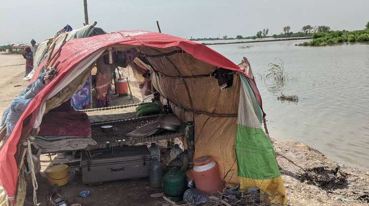 Eine Unterkunft gebaut aus Decken, Planen und Ästen.