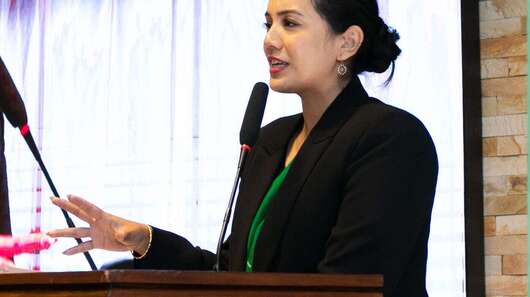 Eine Frau hinter einem Rednerpult spricht in ein Mikrophon.